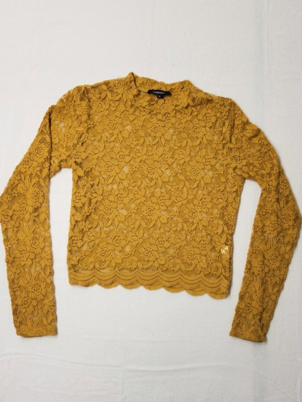Ambiance Gold Floral Lace Long Sleeve Crop Top S Scalloped Sheer Boho Shimmer